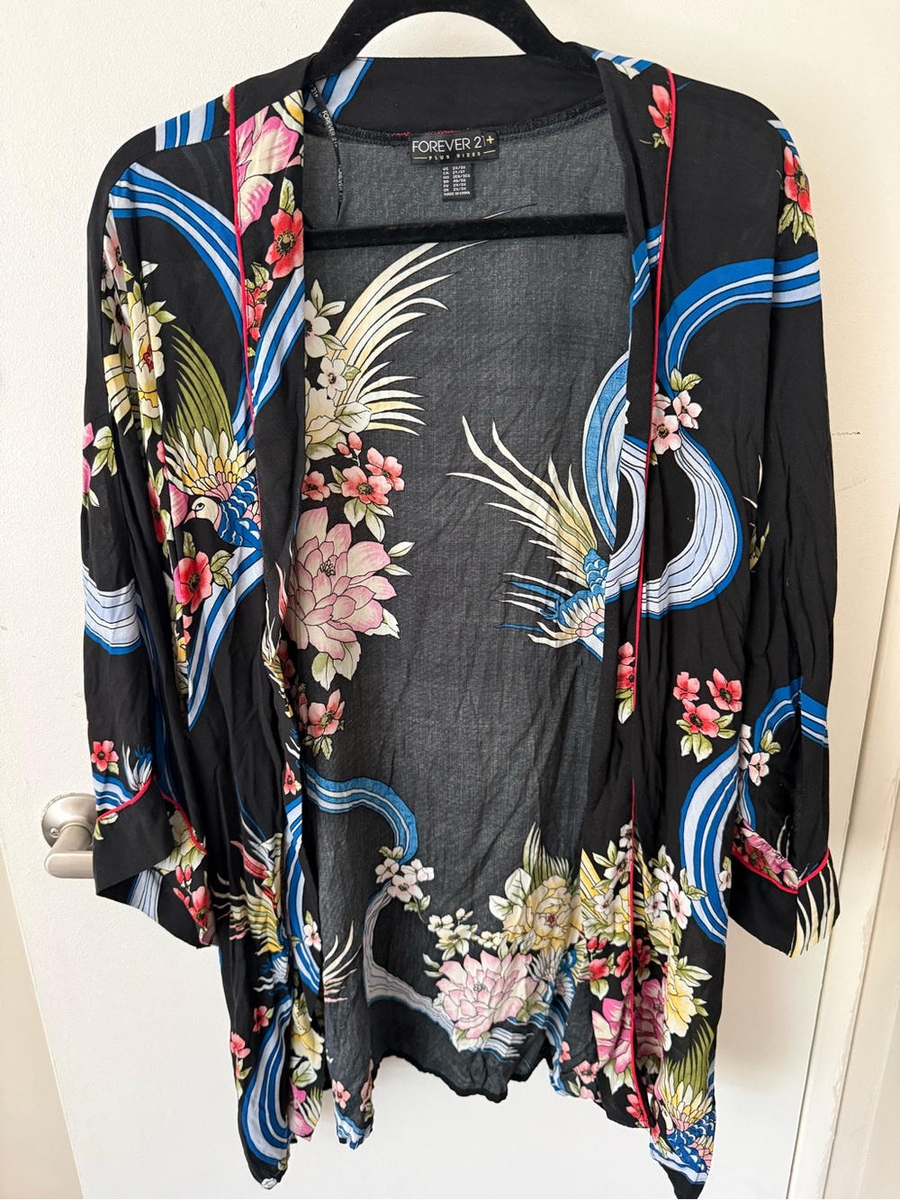 Forever 21 Black Floral Open-Front Kimono with Blue and Pink Accents